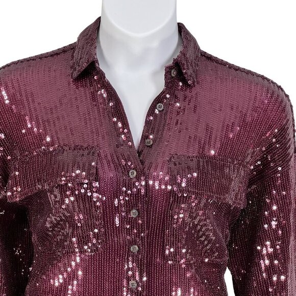 Anthropologie Pilcro Women XS OVERSIZED Burgundy Sequin Button Up Fairy Glam Top - Picture 9 of 16